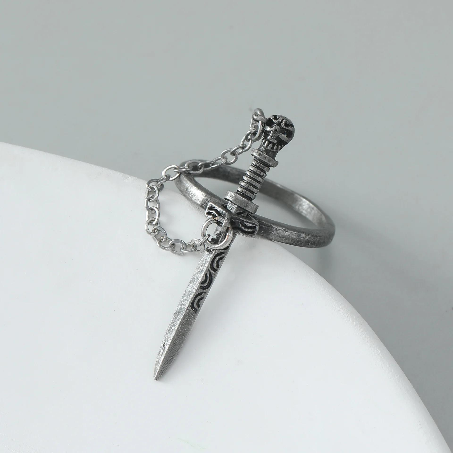

Goth Dark Style Black Cross Sword Rings for Women Vintage Stainless Steel Chain Skull Tassel Rings Punk Zircon Personal Gift 0.7inch