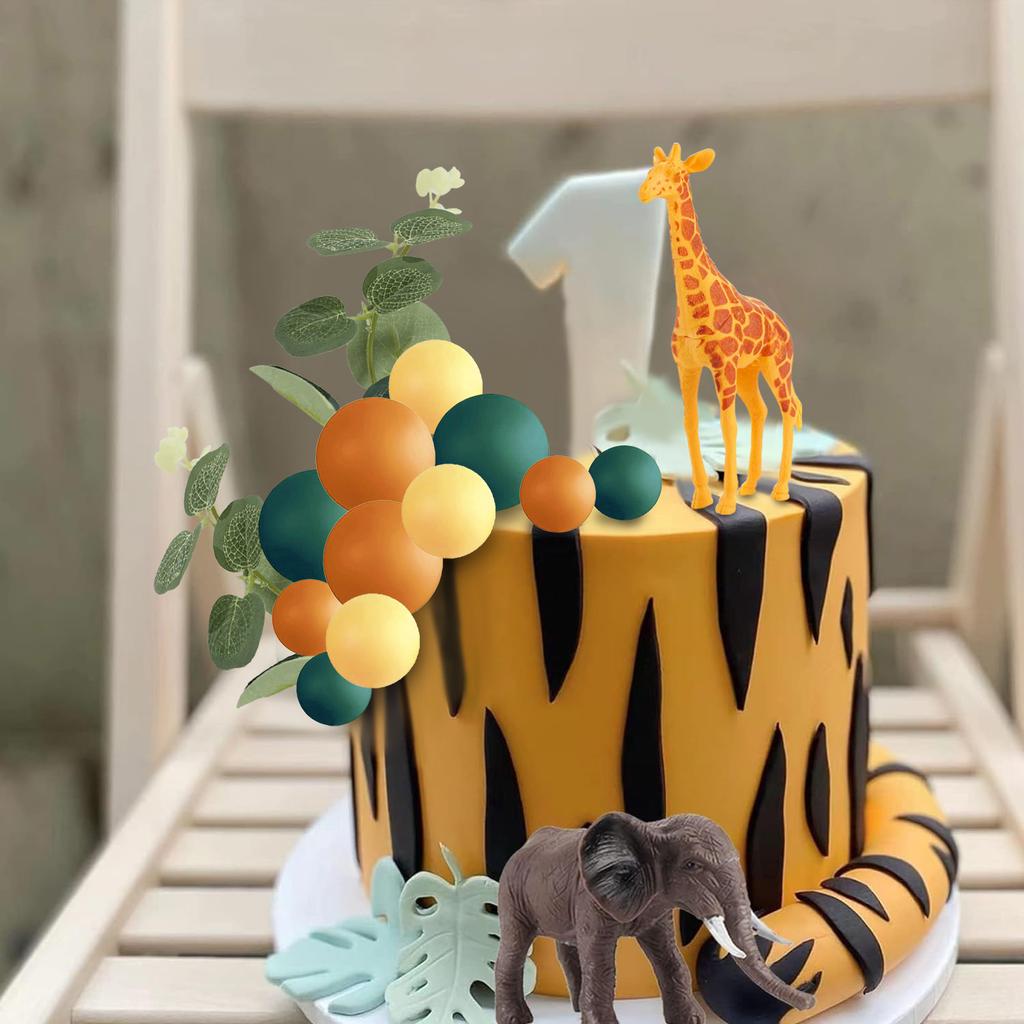 21PCS Realistic Safari Jungle Animal Cake Toppers Colorful Balls Cake Decorations for Wild Themed Birthday  Party Supplies