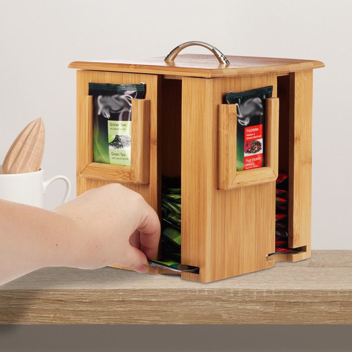Relaxdays Boite À Thé Bambou 4 Compartiments Distributeur Présentoir Rotatif 160 Sachets HxlxP 20,5 X 18 X 18 Cm, Nature