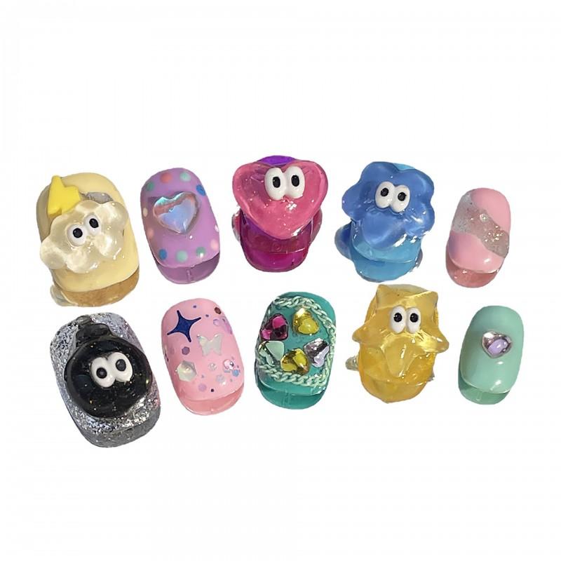 Cute Cartoon Press-On Nails Short Round Style Handmade Nail Tips Girls Women Sweet Playful Eye Design