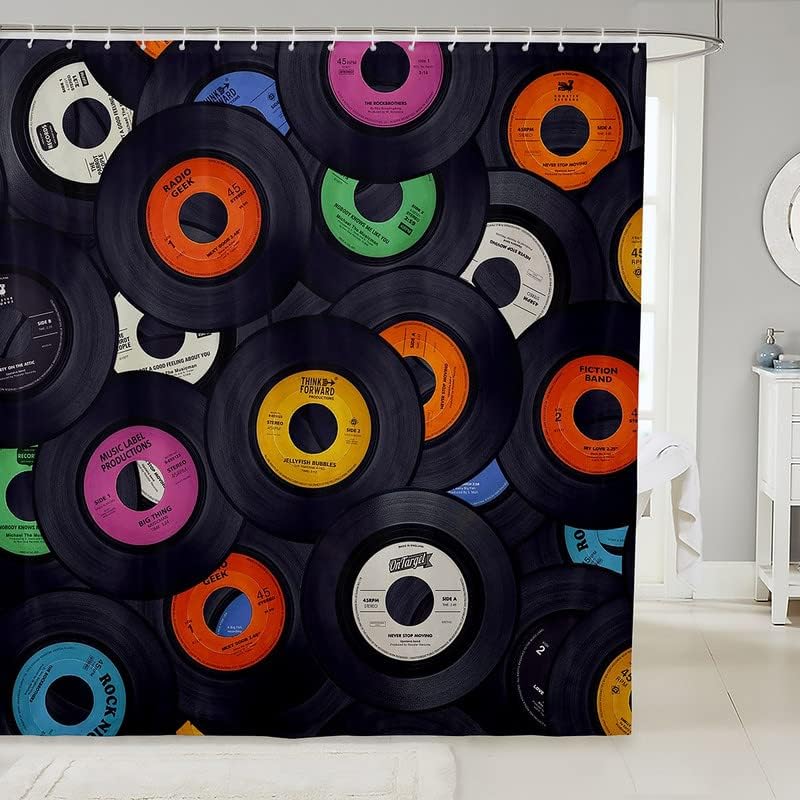 

Vinyl Record Shower Curtain Music Theme Retro Design Black Colorful Labels Decor Bathroom Linen160X200 W60H190(CM)-1 Pcs