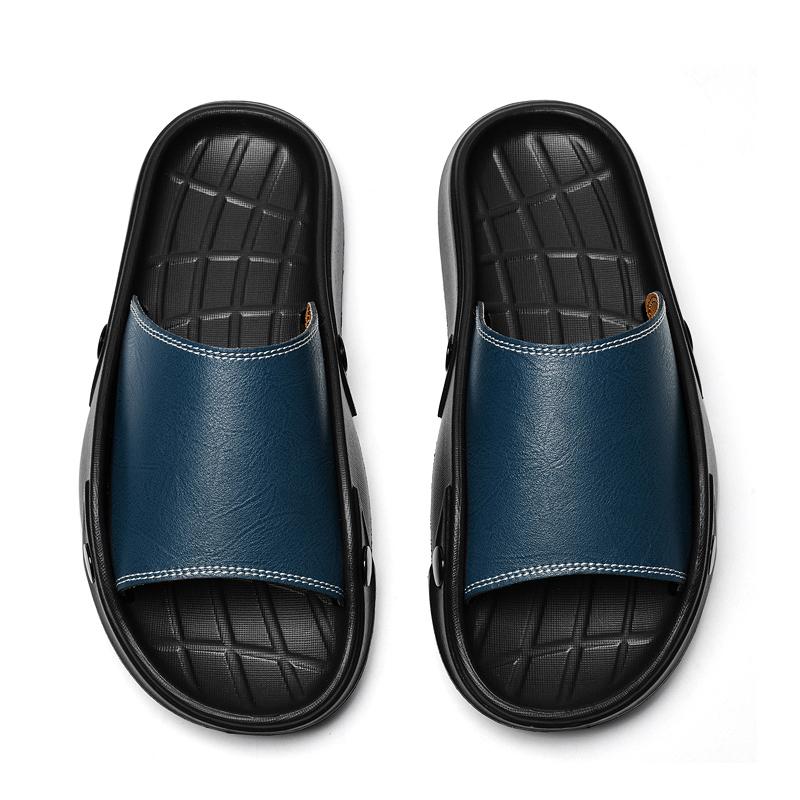 Fashion Male Comfortable Leather Slippers Homes In Indoor Slipper Summer Half Drag Mens Slip On Walking Shoes New Handmade Male Shoes