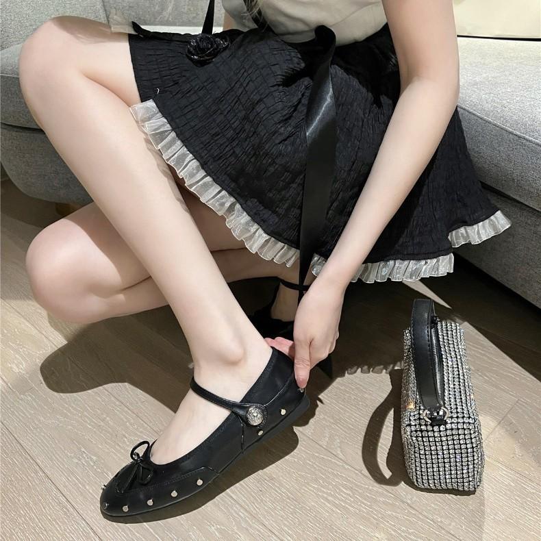 Cowhide~ Genuine leather, rivets, shallow-mouth single shoes, women's soft-soled inner height-increasing ballet flats, French rhinestone Mary Jane