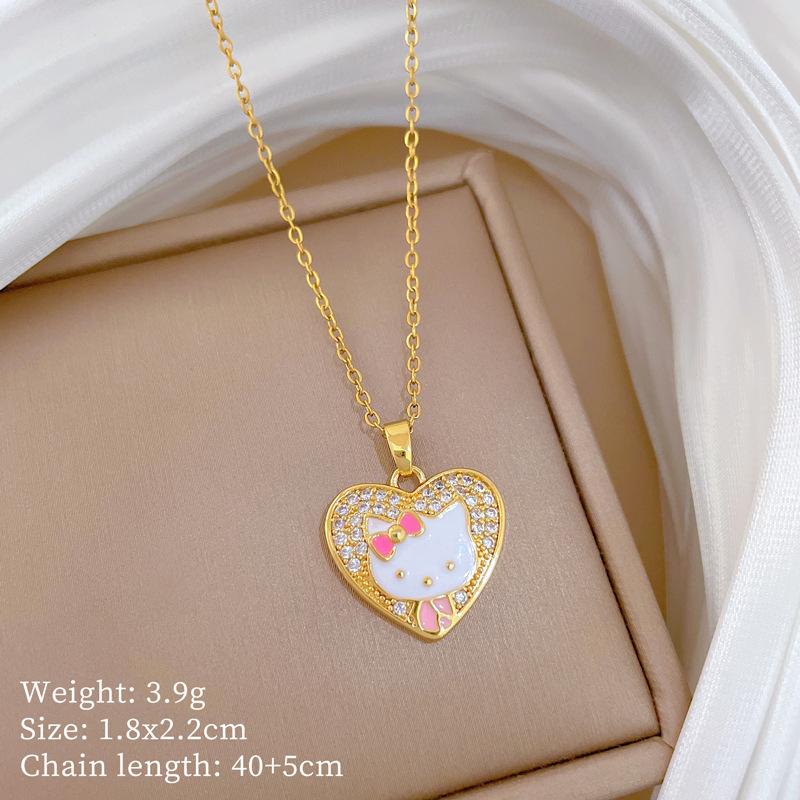 Titanium Steel, Love Dripping Oil Cat Full Diamond Temperament Gorgeous Full Diamond Necklace Female Versatile Collarbone Chain Titanium Steel Chain