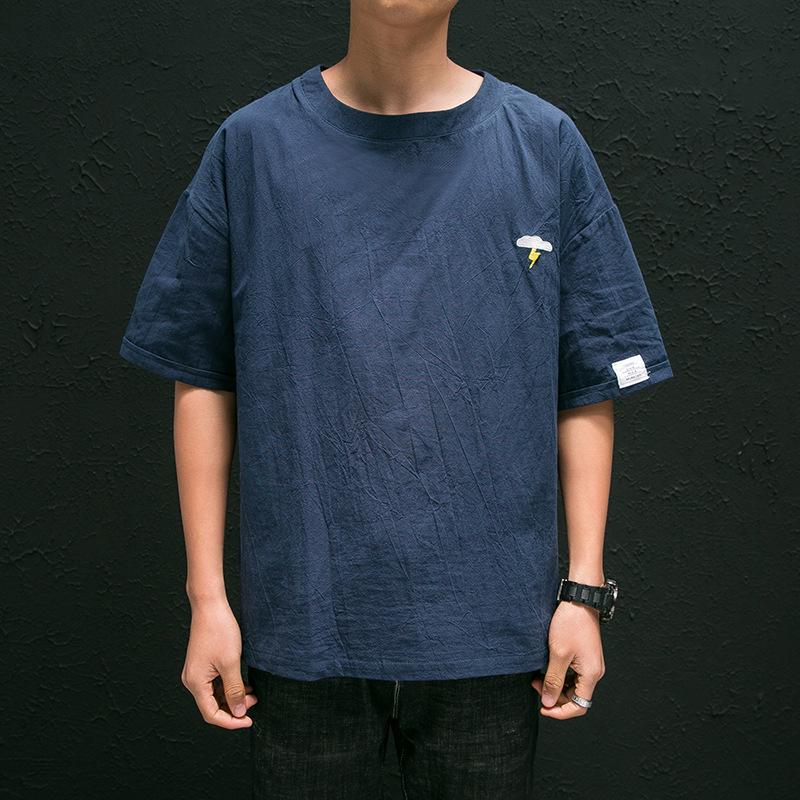 

Мужская летняя хлопчатобумажно-льняная повседневная футболка с коротким рукавом в китайском стиле с вышивкой M