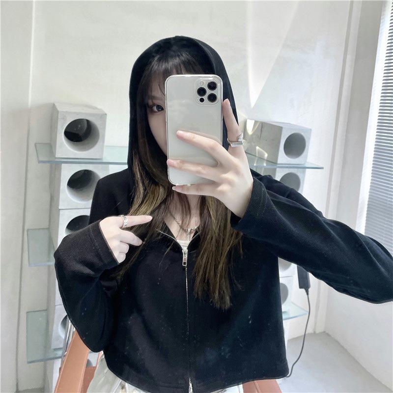 Women's Slim Fit Double Zipper Hooded Cardigan - American Style, Spring/Autumn 2025 Korean Fashion
