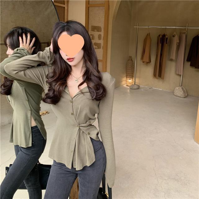 2023 Women's Autumn Korean Style Long-Sleeve Knit T-Shirt with Padded Shoulders, Slim Fit