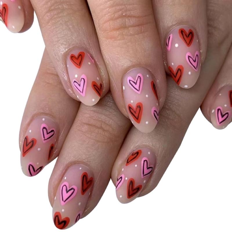 

24Pcs Valentine s Day Acrylic False Nail Short Almond Shape Artificial Nail Heart Glossy Finish Press on Nail for Dates 1