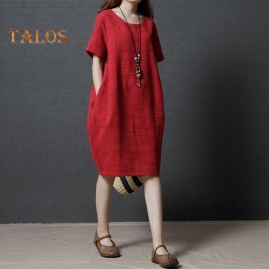 Lady Summer Dress O Neck Short Sleeves Pure Color Loose Side Pockets Knee Length Pullover Casual Commute Midi Dress
