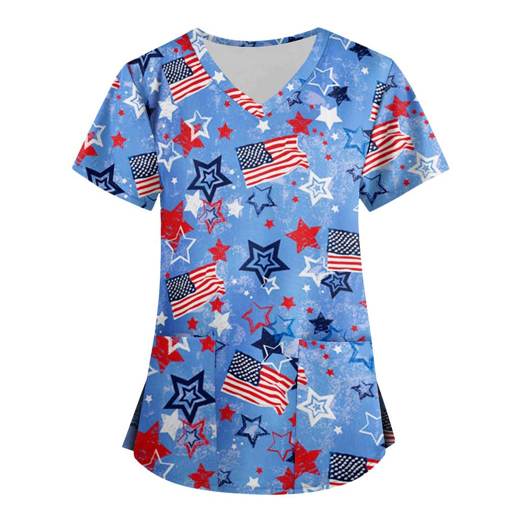 Ropa de trabajo de manga corta con cuello en V a la moda para mujer con bolsillos Tops estampados