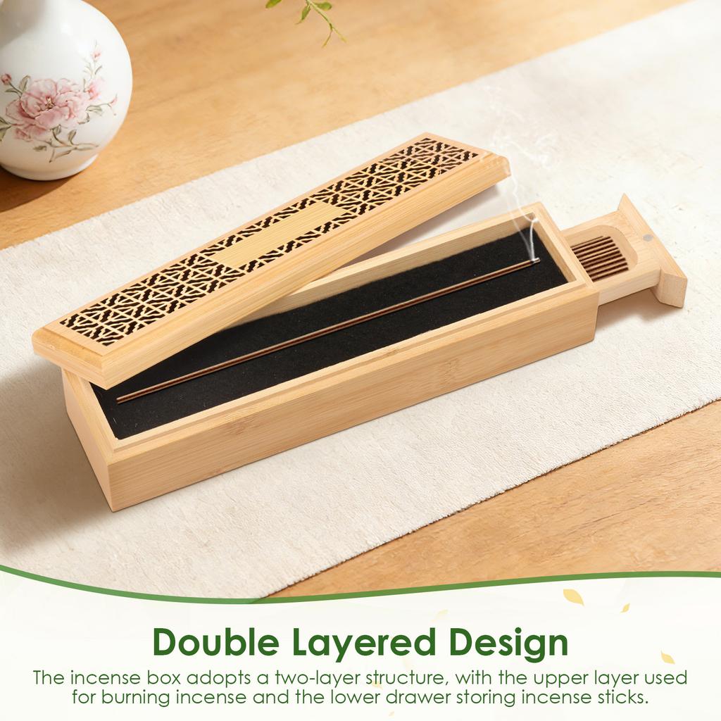 2Pcs Bamboo Incense Holder Burner Coffin Incense Holder with Storage for Stick for Yoga Room/Bedroom/Study Room/Office