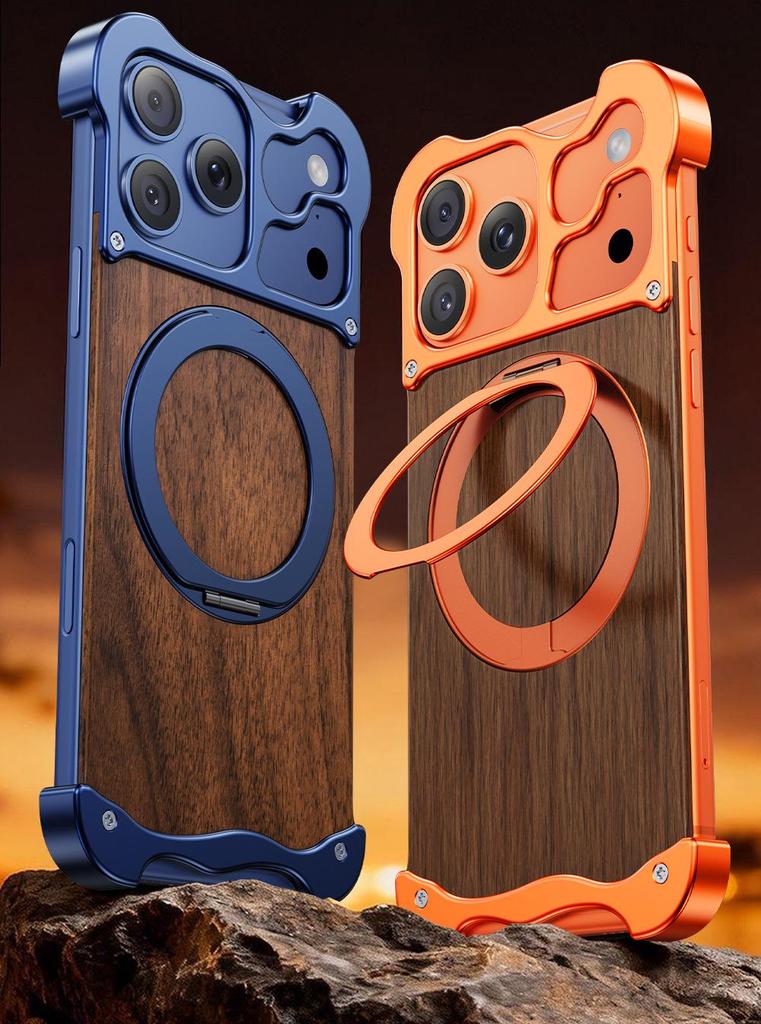 Alien 17 Pro Max Integrated Case with 360° Stand - Solid Wood & Metal, Magnetic Design for 16 Pro Max