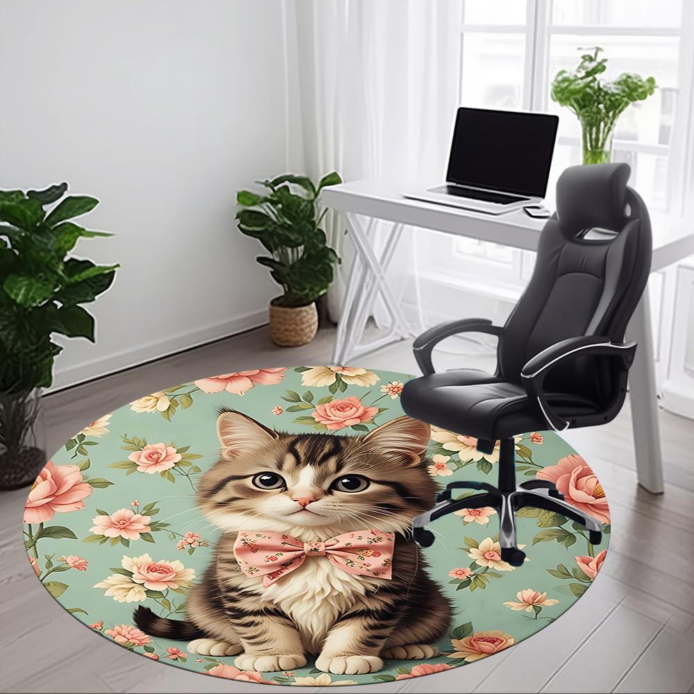 1pc Cat Floral Pattern Office Round Rug, Non-slip, Soft and Durable Office Rug for Interior Decoration, Perfect for Office, Beautiful Decoration yy260