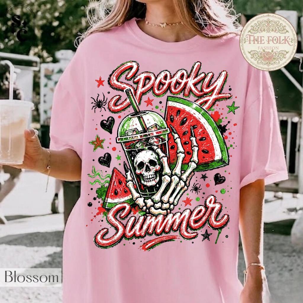 Spooky Summer Shirt, Summerween T-shirt, Skeleton Watermelon Tee, Cute Creepy Summer Tee, Skull Graphic Shirt, Pink Spooky Season Tee