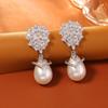 Elegant Zircon Drop Pearl Earrings Women French Vintage Style Sterling Post Gold Plated Geometric Design