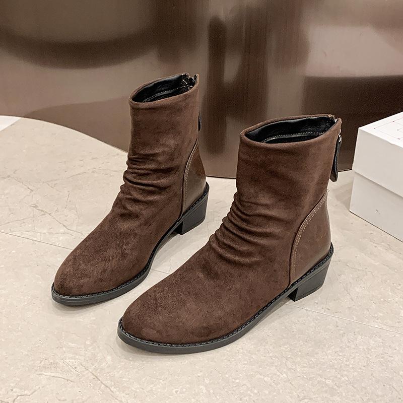 

2025 autumn and winter new foreign trade large size fashion boots pointed thick heel rear zipper pleated Martin boots short boots women 43
