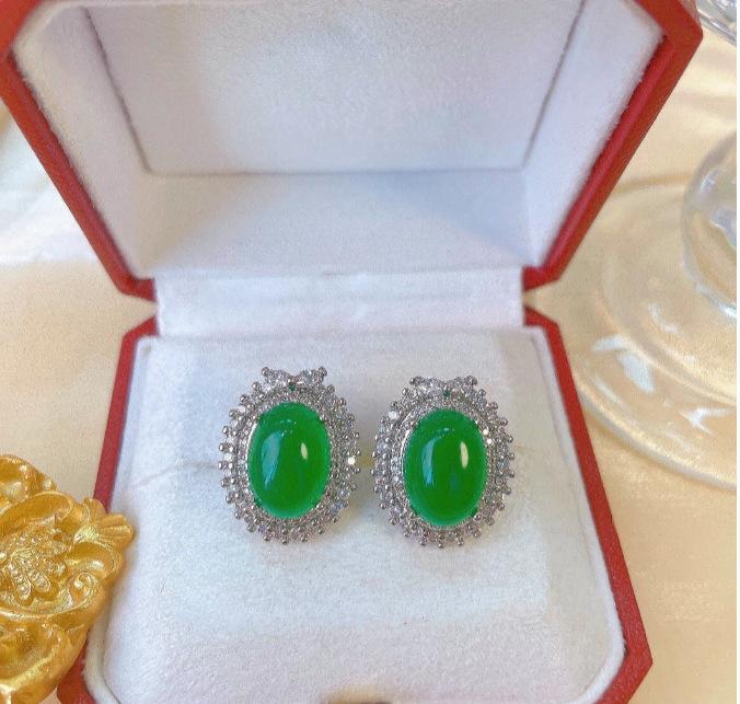 Chalcedony Emerald Oval Malay Jade Korean Version Simple Full of Zirconium Imitation Jadeite Green Jade Necklace Stud Earrings Set Female
