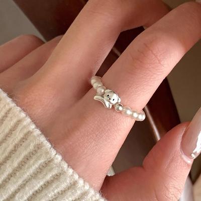 Pearl String Bead Elastic Rope Cute Puppy Ring for Women, Simple and Versatile, Index Finger Ring, with A Sophisticated Style.