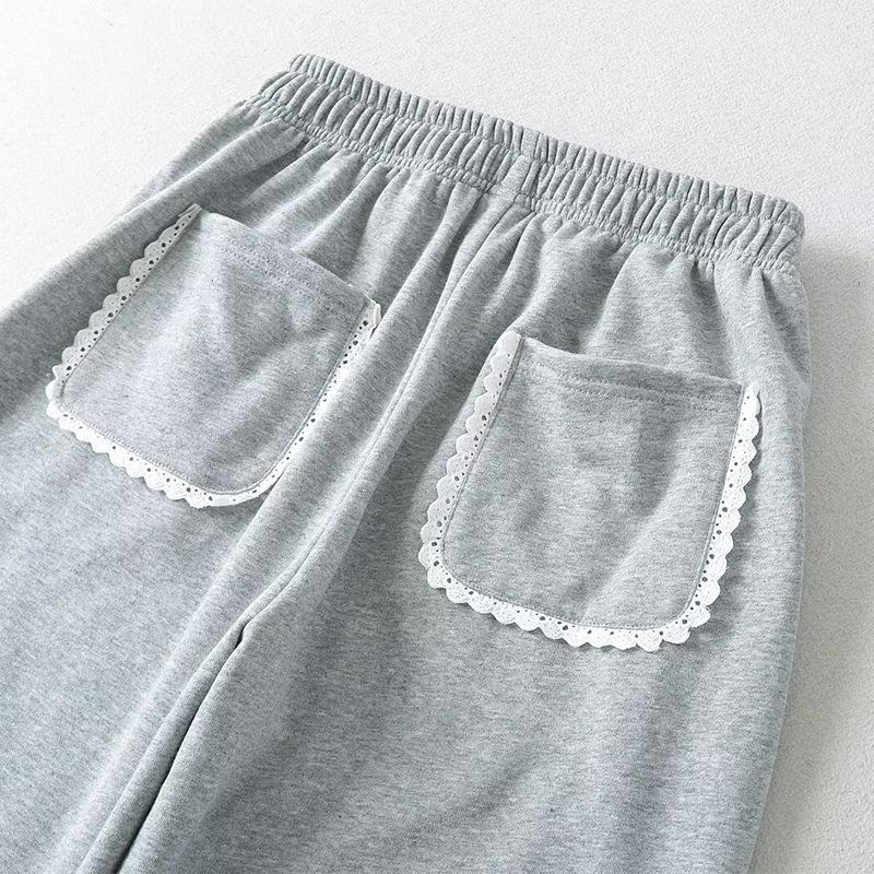 Spring and Autumn Women's Fashion Solid Colour Lace Splicing High Waisted Loose Wide Leg Pants