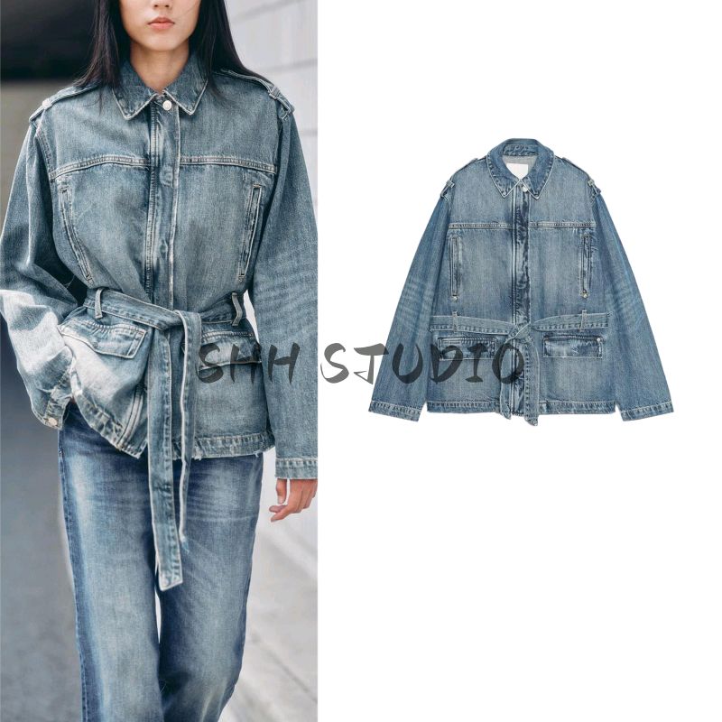 Fall New Women's Clothing Flip Collar Long Sleeve Bowknot Belt Long Denim Jacket Coat 5252271