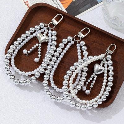 Luxurious Imitation Pearl Heart Double Chain Keychain Phone Lanyard