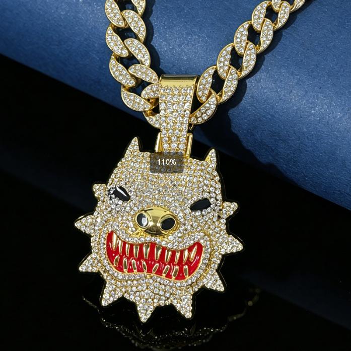 Hip Hop Diamond Pitbull Pendant Cuban Chain Alloy Full Diamond Trend Brand Accessories Personalized Men'S Street Rap Necklace
