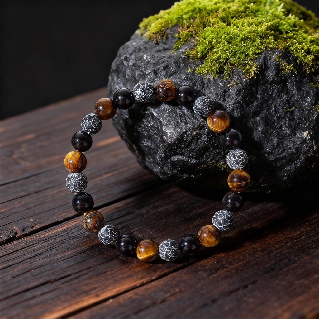 Festive Gifts Tiger Eye Black Onyx Blue Cracked Stone Beaded Bracelet Minimalist Fashion Jewelry For Men Women Daily Wear Gift
