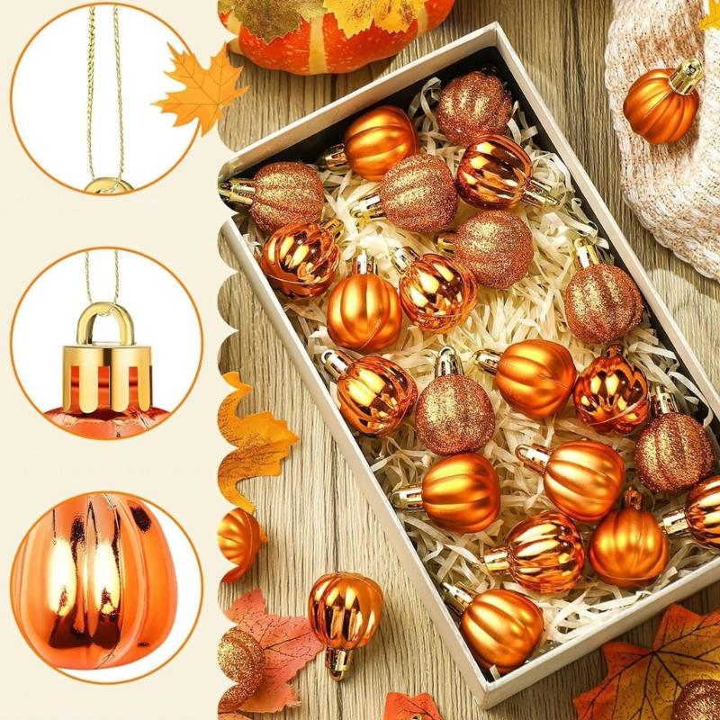 Q1FD 24 Pcs Pumpkin Ball Ornament Thanksgiving Tree Decorations Creative Fall Pumpkin Decorations For Christmas Halloween