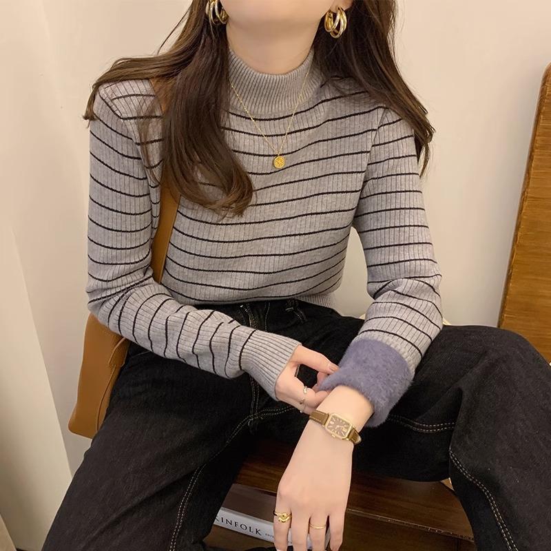 Women's Autumn Winter Thickened Striped Sweater with Integrated Fleece Fabric Half-High Neck Base Layer Top