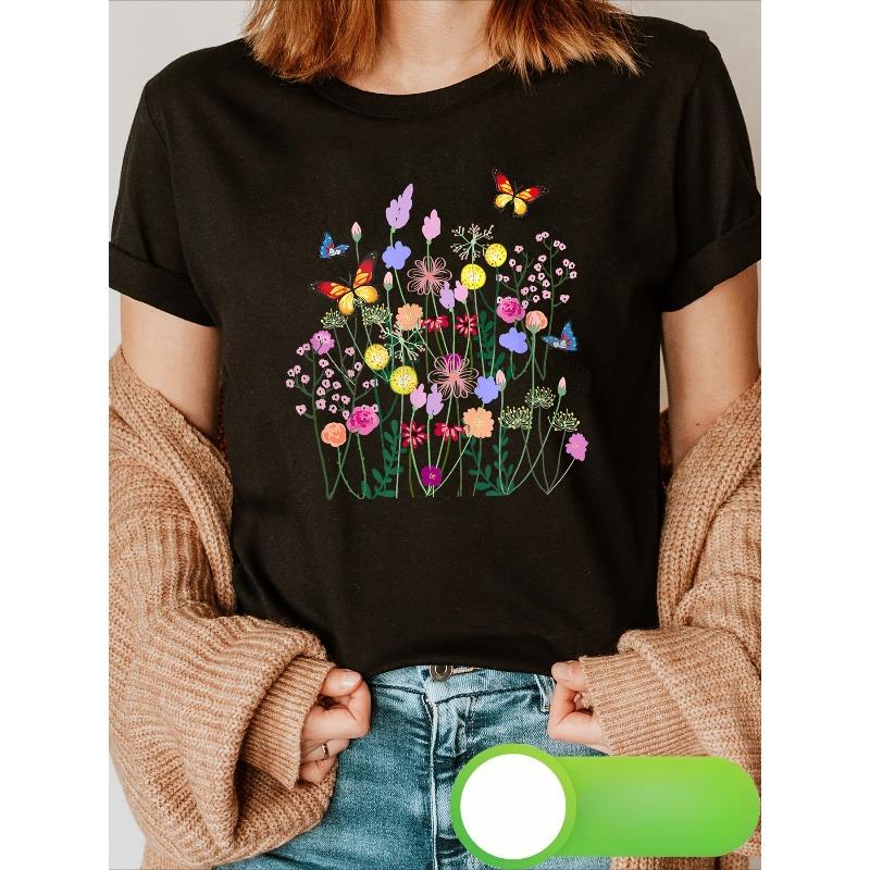 Europäische Größe T-Shirt mit Frühlingsschmetterlings-Print, Kurzarm Rundhals Freizeit-Oberteil für Sommer & Frühling, Damenbekleidung