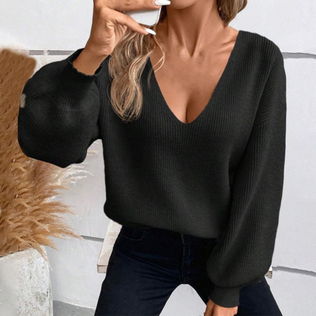 Women's Bow Knit Sweater Long Sleeve Backless V-Neck Drop Chunky Pullover Sweater