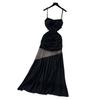 French Fashion Mesh Splicing Suspenders Pleated Waist Dress Women's Summer Design Sense Thin Temperament Long Skirt