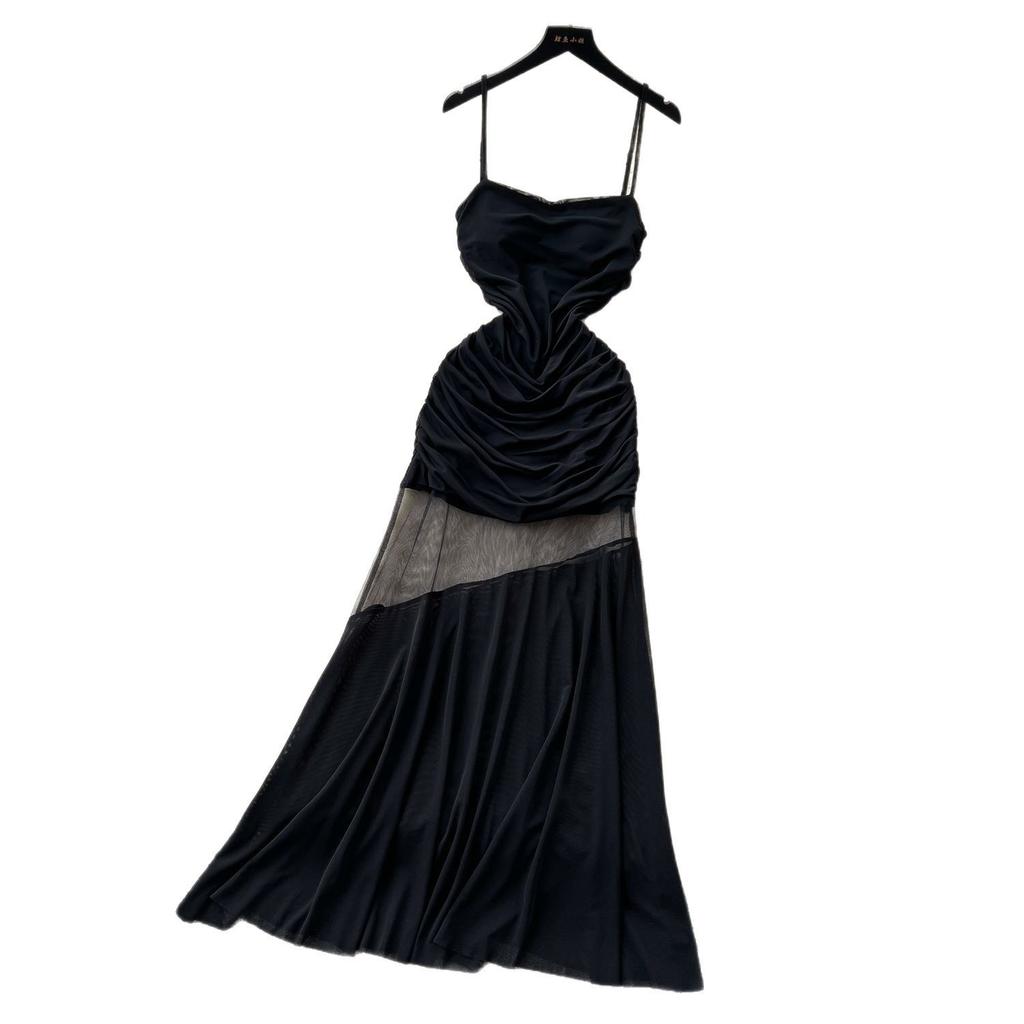 French Fashion Mesh Splicing Suspenders Pleated Waist Dress Women's Summer Design Sense Thin Temperament Long Skirt