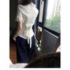 Women Striped Fitted Waist Short Sleeve Blazer Collar Casual Button Shirt