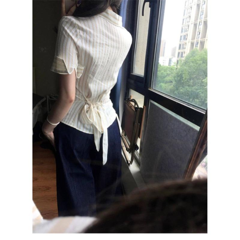 Women Striped Fitted Waist Short Sleeve Blazer Collar Casual Button Shirt
