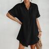 Women's Fashion Color Collar Button Loose Pocket Short Sleeve Long Shirt Top