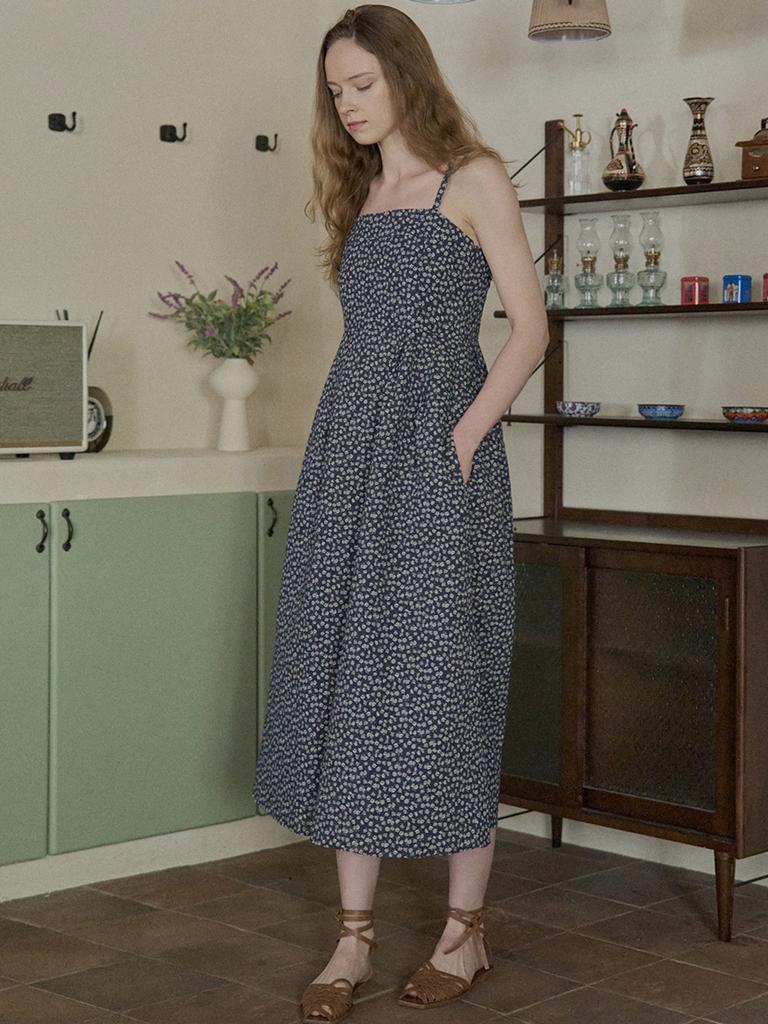 AVANT-G Floral Pattern Sleeveless Dress - Navy
