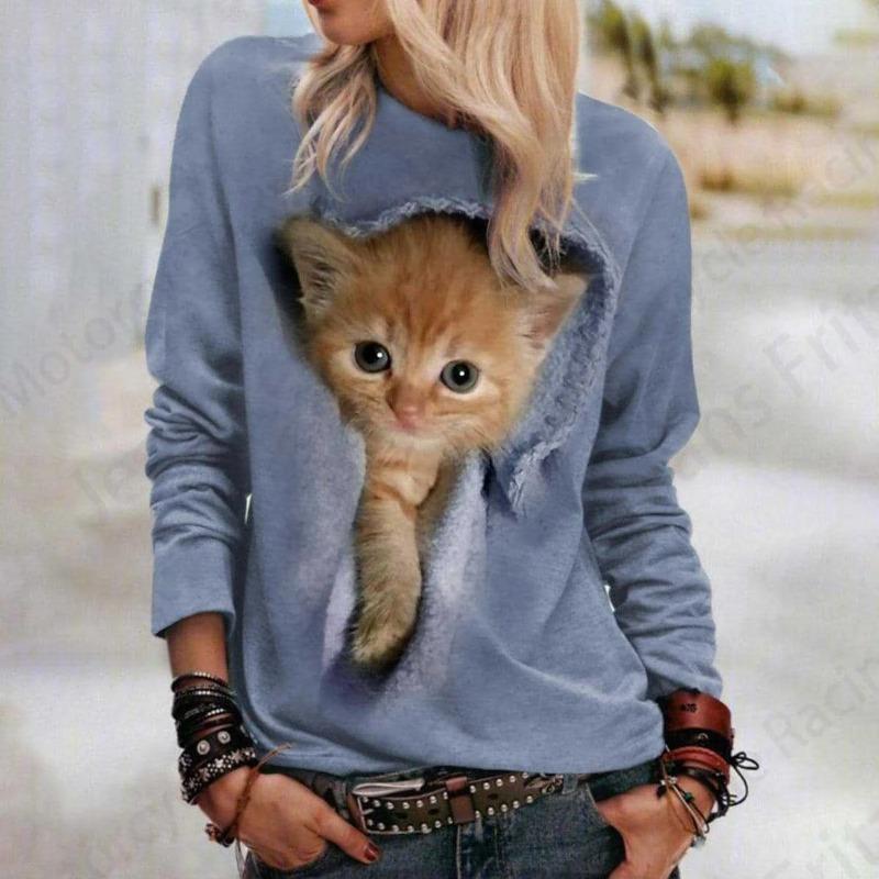 Autumn Long Sleeved Shirt Loose Casual Women's T-shirt Cute Cat Dog Print Fashionable Daily Comfortable Commuting T-shirt