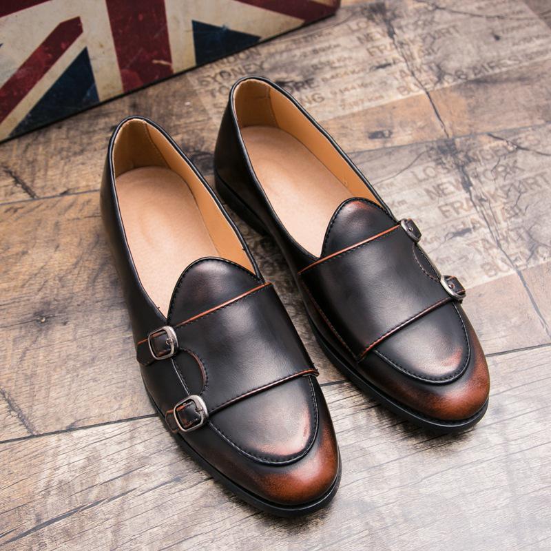 Men's Cross-Border Leather Monk Shoes: Burnished Pointed Toe, British Style for Formal and Casual Wear