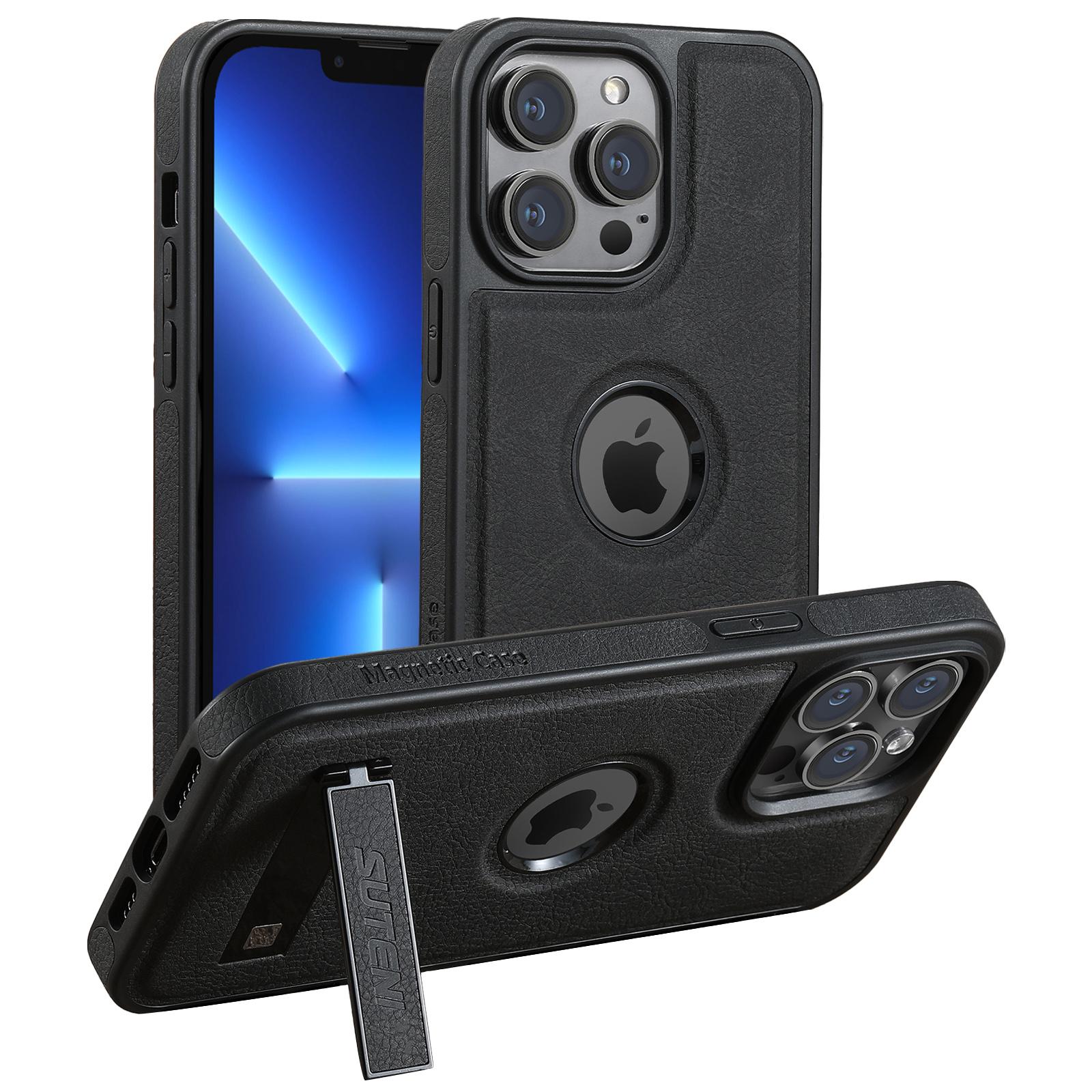

SUTENI G2 For iPhone 13 Pro Magnetic Case Litchi Texture Leather Back Cover with Kickstand Black