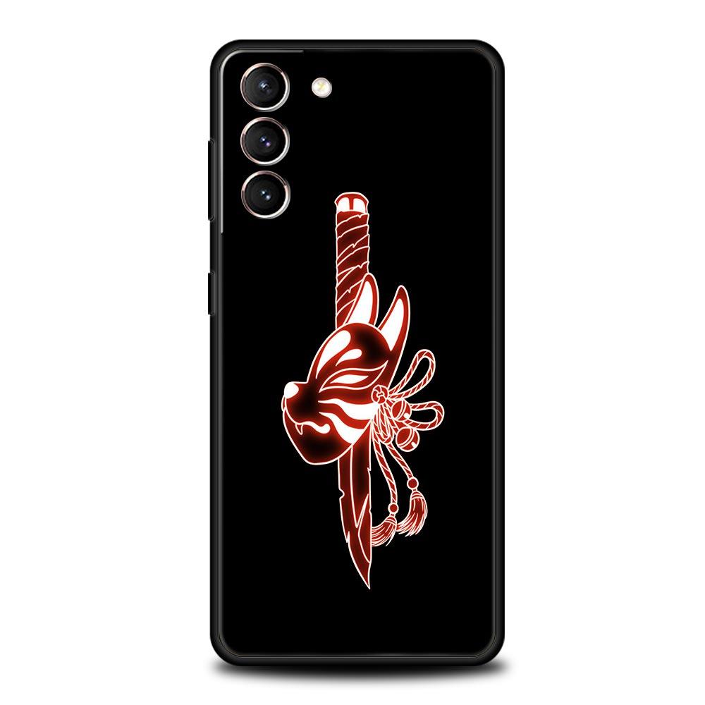 Samurai Oni Mask Neon Phone Case For Samsung Galaxy S24 S23 S22 5G S20 Ultra S21 FE S10 S9 Plus S10E S8 Lite 20 Soft TPU Cover
