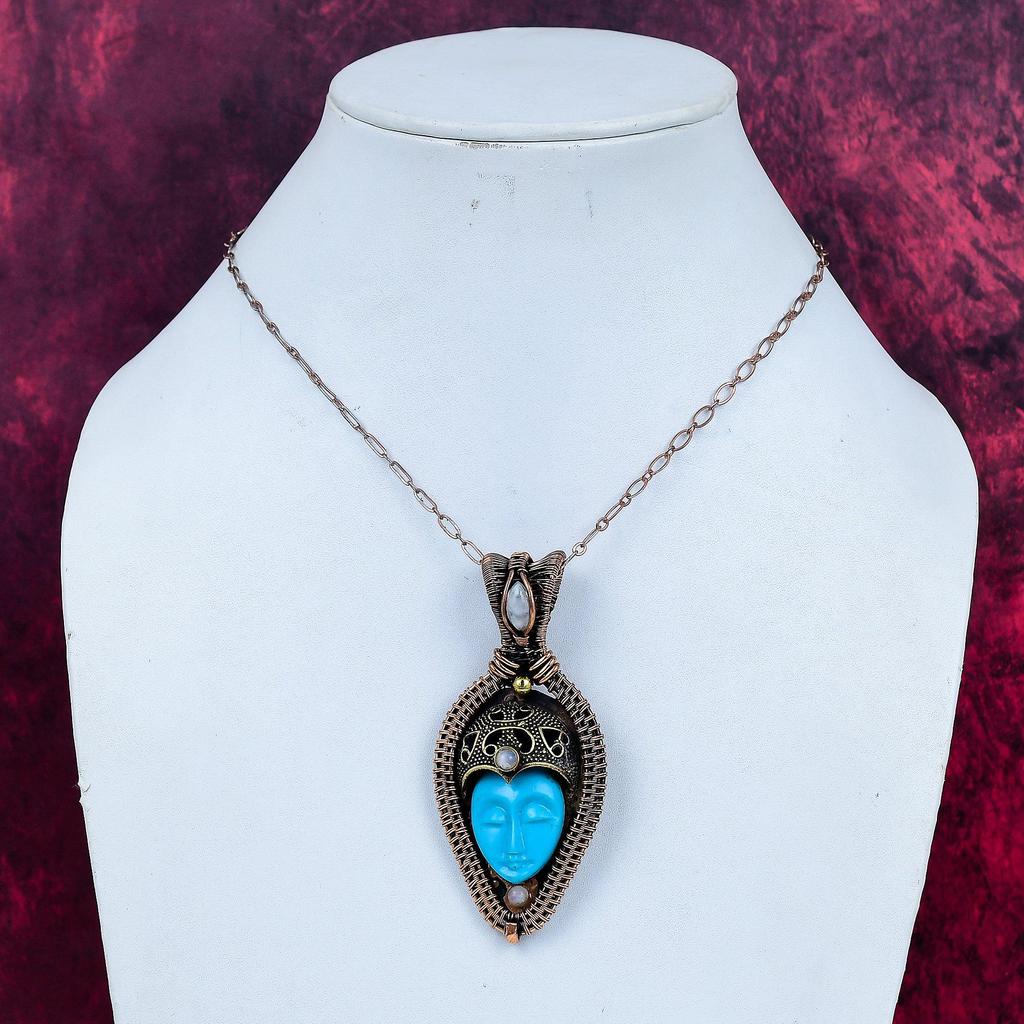 Blue Carved Bone Face Pendant Copper Wire Wrapped Pendant Handmade Jewelry Rainbow Moonstone Pendant Gemstone Copper Jewelry