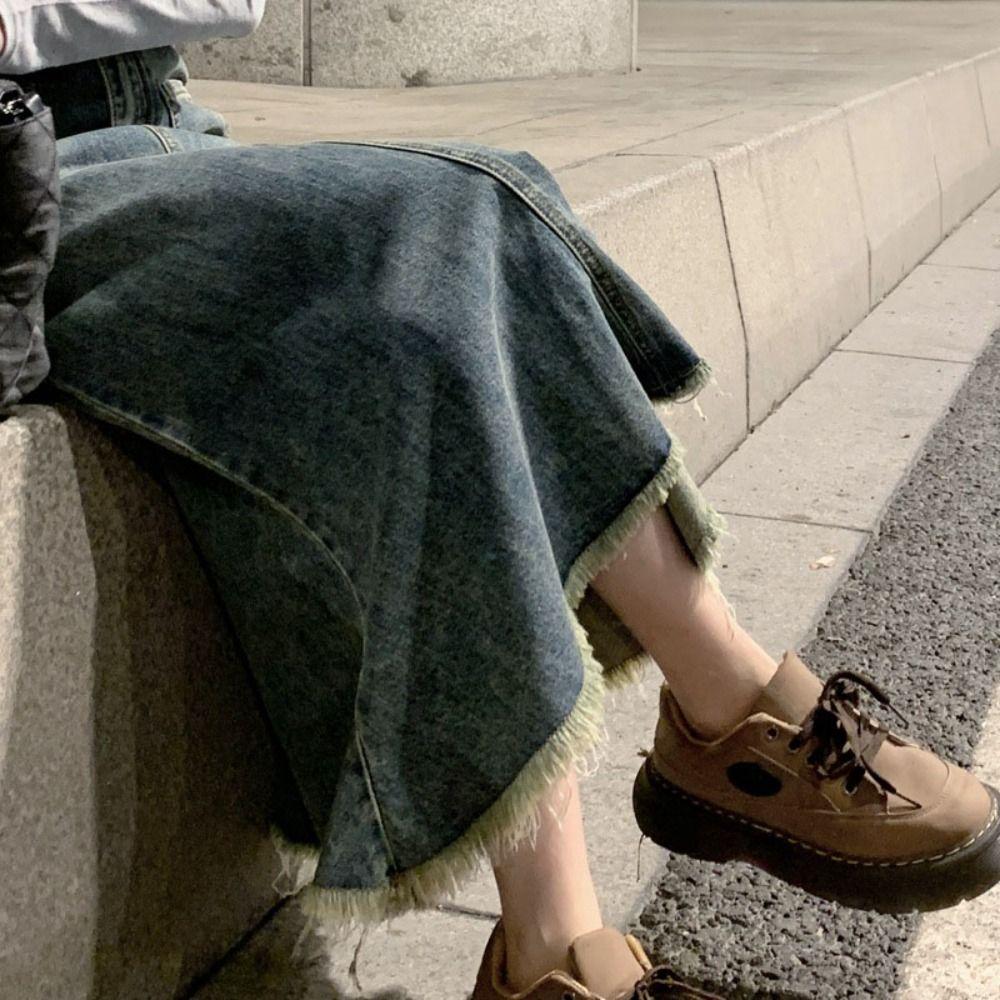 Retro Denim Skirt Women Solid Color A-line Half Dress Fashion Hairy Fishtail Skirt  Girl