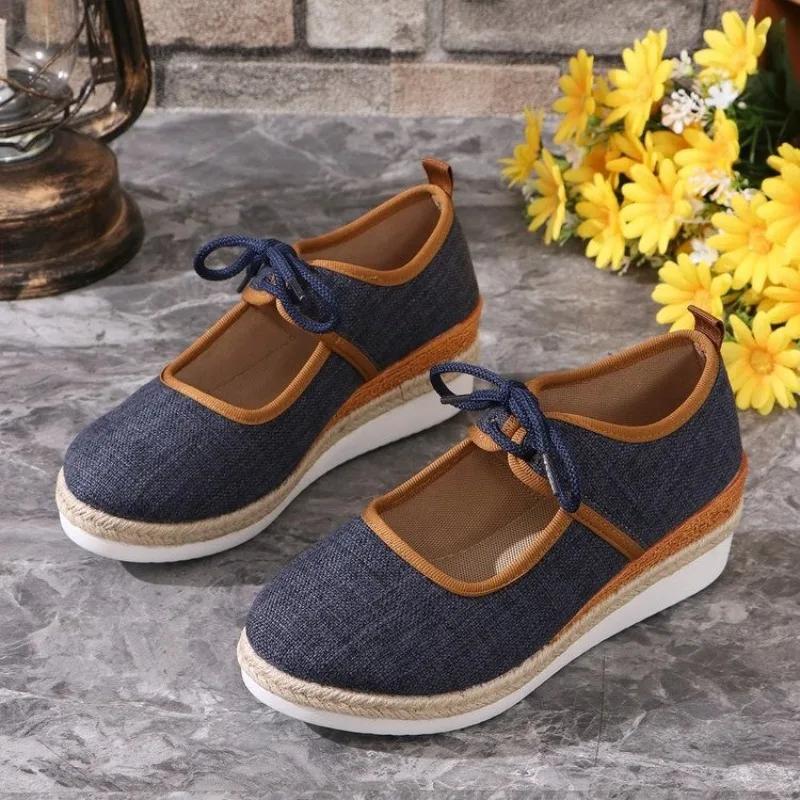 Handmade Slope Heel Cloth Shoes Women Breathable Comfort Mum Shoes Tenis Platform Non-slip Casual Footwear Front Tie Sneakers