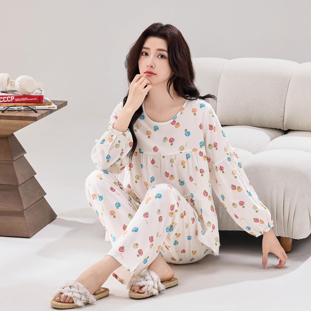 Casual long-sleeved women's pajamas, faux cotton and silk, simple casual suit, underwear, green women's thin women's loungewear