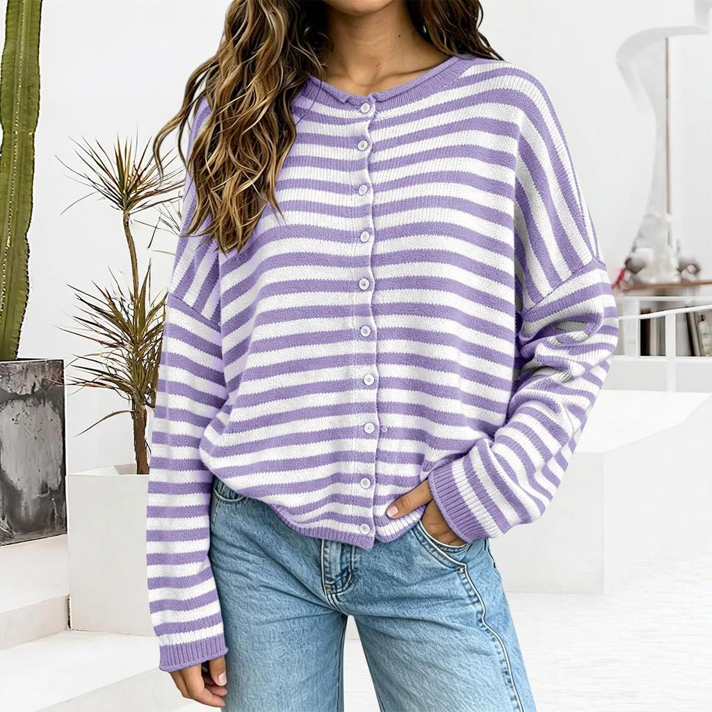 Women's Casual Striped Knit Cardigan Button Front Soft Long Sleeve Sweater for Fall Winter Work