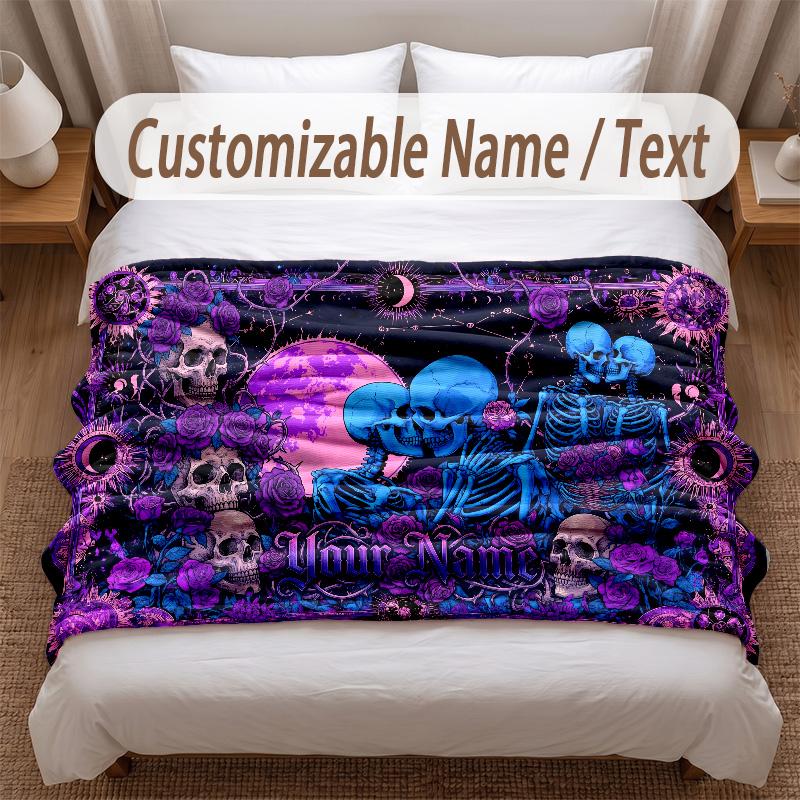 Skull Gothic Theme Soft Blanket Personalized Custom Name Text Print Warm Blanket Home Sofa Bedroom Decor