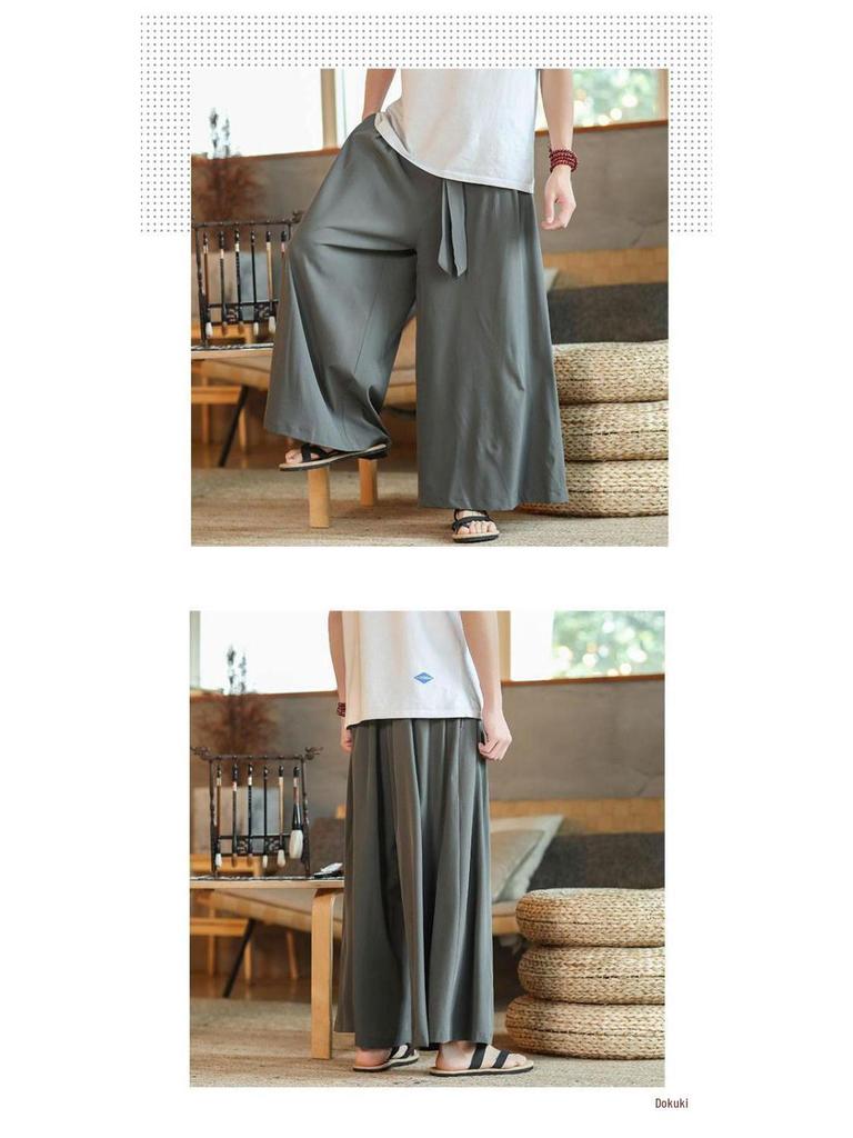 Men's Wide-Leg Ice Silk Culottes - Chinese Style Hanfu Tang Suit Meditation Skirt Pants