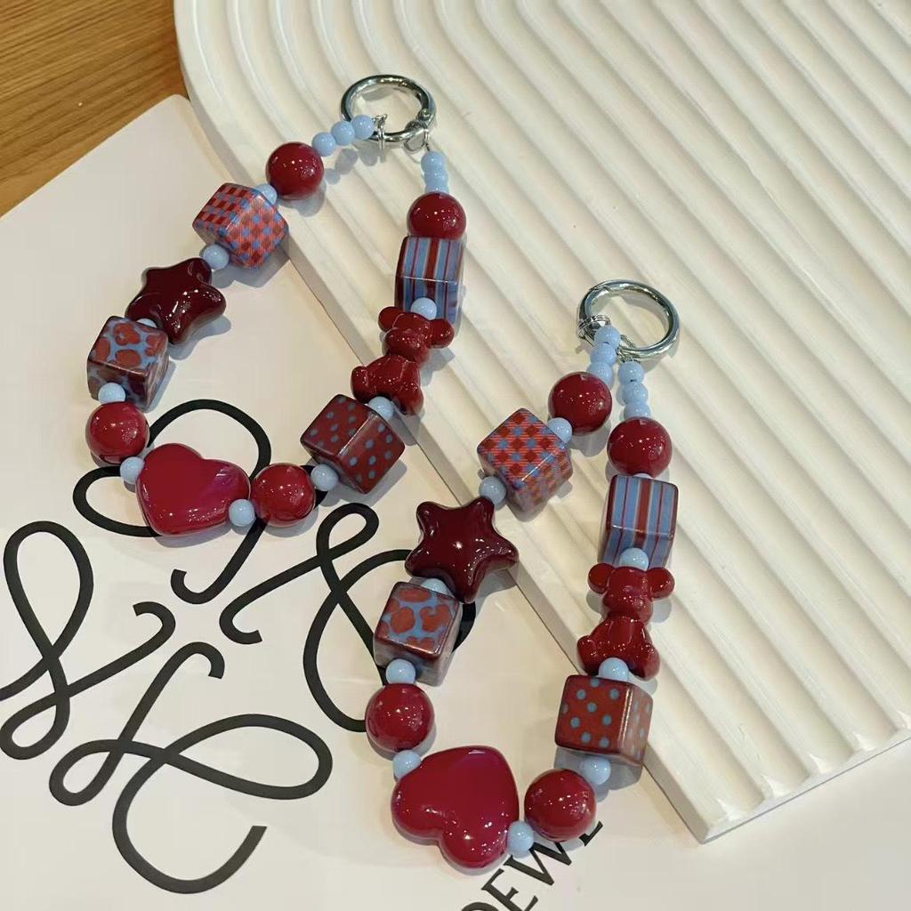 Wine Red Heart Beaded Phone and Camera Lanyard