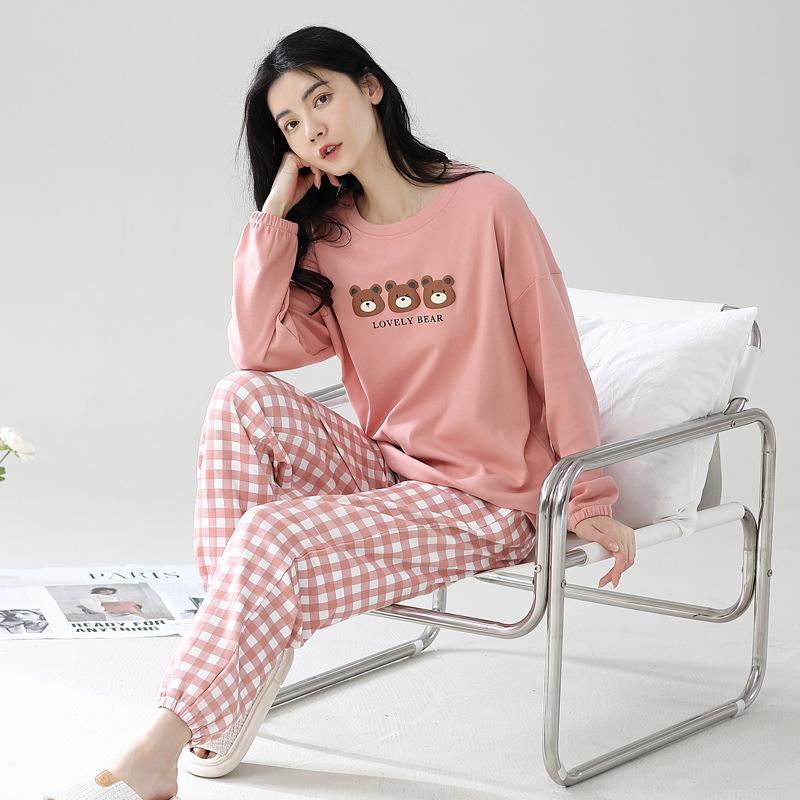 Cotton Pajamas Set Women Loose Fit Sleepwear Long Sleeve Two-Piece Loungewear Home Wear Comfortable Outfit Plus Size Options Breathable Fabric